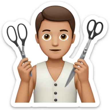 A man in a white vest with a pair of scissors sticker