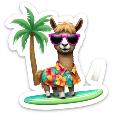 surfing llama wearing hawaiian shirt and sunglasses sticker