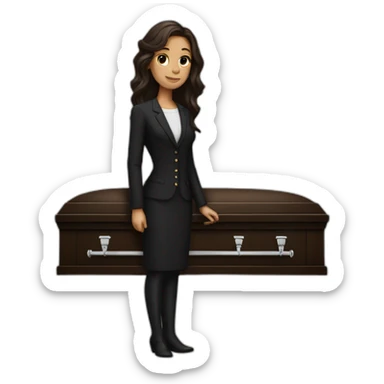 brunette standing next to a coffin sticker