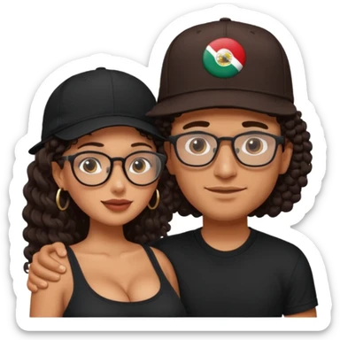 A picture of an embracing tanned couple. the man is a Mexican man with tanned skin, with a bald hair cut wearing a SnapBack hat and a black shirt. the woman has glasses on with long curly dark brown hair and with big boobs.  sticker
