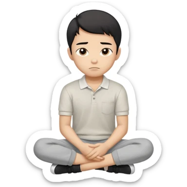 Cartoon Asian boy sitting cross-legged, clearly resting his closed fist against his cheek, looking thoughtful with a slight smirk. White polo, gray pants, black shoes, large eyes, short black hair. Clean vector style, flat colors, black background. sticker