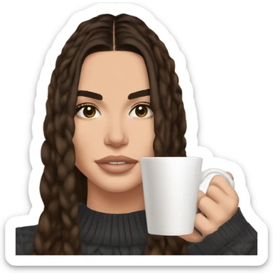 brunette Kendall Jenner with long and brown hair her eyes brown and sipping coffee her hair braided sticker