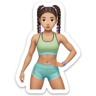 Athletic woman mid upper-body stretch, lean toned physique, defined legs and core, wearing a pastel sports bra and high-waisted patterned workout shorts, dark hair in two braids black hair olive skin, focused expression, natural lighting sticker