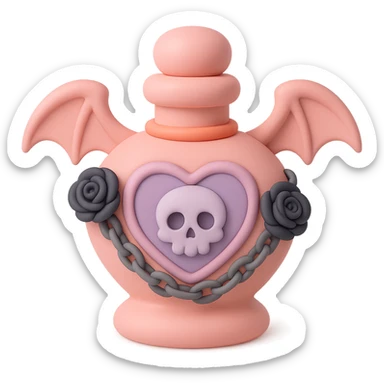 Create a mochi style pink goth potion bottle, with dark roses and a silver chain. Keep the soft and cute gothic look, no background. sticker