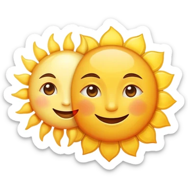 a really bright  big sun and a small moon who shines because of it. the sun is bigger and the tiny \moon bright too beside it smiling looking at each other sticker