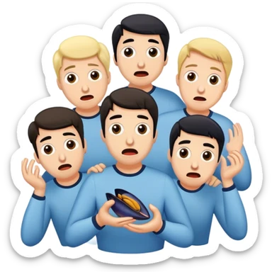 five friends in panic , they hold a a mussel sticker