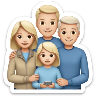 white family emoji: parents on each side of their child, smiling, warm, casual modern outfits sticker