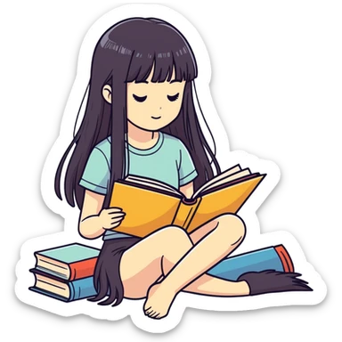 Pale girl with long dark hair and fringe reading a book sticker