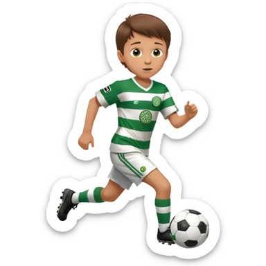 Celtic footballer jersey logo  6 years old brown hair white boy , brown eyes , stripes uniform , RUNNING  with soccer ball # 17 celtic football logo PUT ONLY ONE LOGO sticker
