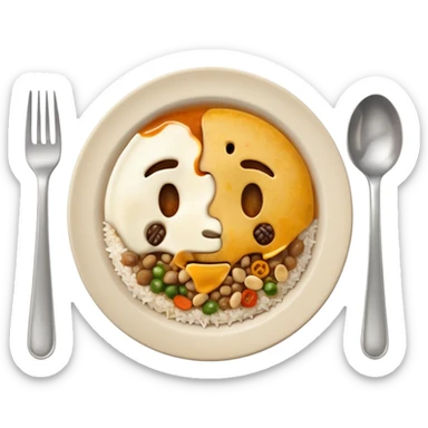 3D emoji of a dirty plate after eating, leftover food scraps, vegetable pieces, rice grains, sauce stains on the plate, fork and spoon placed beside the plate, no face, no character, no human features, realistic food leftovers, clean and simple background, soft lighting, high quality, emoji style sticker