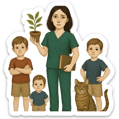 Edit the image to add two boys. The woman should be wearing Kelly green scrubs, with longer and darker hair. She should be holding a plant in one hand and a book in the other. Include a cat nearby. She has pale skin, gray eyes, and a tired expression. Remove the background entirely. sticker