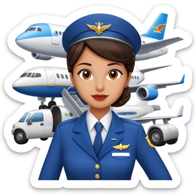 Brunette flight attendant in front of a plane sticker