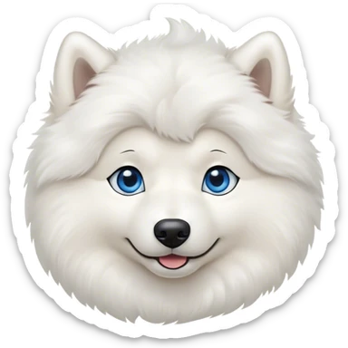 Cinematic Cute Samoyed Portrait Emoji, Head tilted playfully and inquisitively, featuring a fluffy, pristine white Fur with a natural sheen, round, sparkling blue eyes filled with curiosity, Simplified yet irresistibly adorable features, highly detailed, glowing with a warm, friendly glow, high shine, affectionate and lively, stylized with a touch of whimsy, bright and endearing, soft glowing outline, capturing the essence of a mischievous yet loving companion, so playful it feels like it could frolic out of the screen and into your arms! sticker
