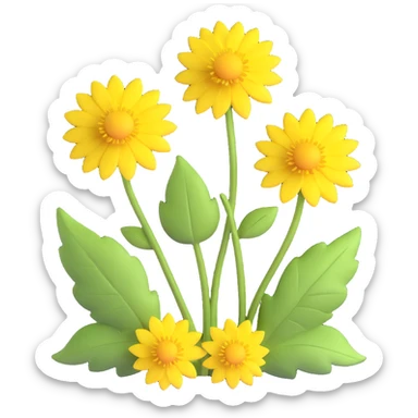 Create a 3D illustration of two dandelions in iOS Apple emoji style, featuring voluminous yellow flowers and green leaves, on a transparent background. sticker