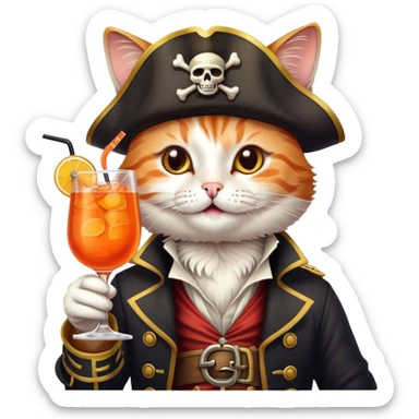 a happy pirate cat drinking aperol spritz cocktail sticker