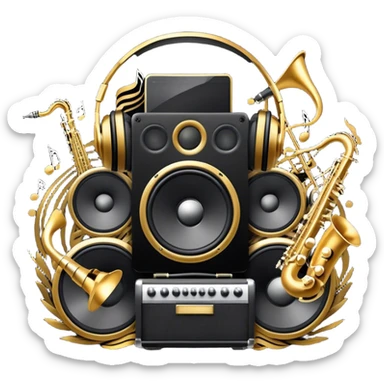 Icon for R&B Music Listening: large concert speakers and headphones with waves of musical notes coming out, along with drum kit, and synthesizer, saxophone and bass guitar. The icon should convey the energetic and rhythmic vibe of R&B music. Transparent background. sticker