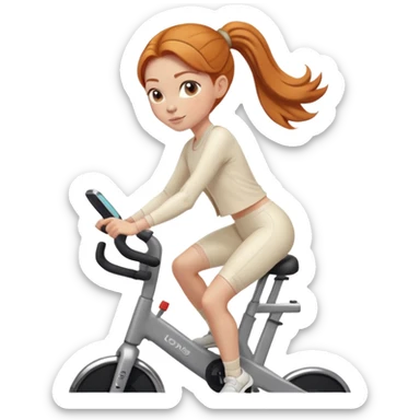 Ginger girl clean girl sleek bun low bun hairdo middle part riding stationary bike cream outfit sticker