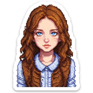 a girl with warm brown slightly wavy hair, blue eyes, and lots of freckles, pixel art style sticker
