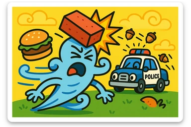 cartoon wind character being smashed by a brick, a burger being thrown at it, and a police car in the background with acorns being thrown at the car, vibrant and playful style sticker