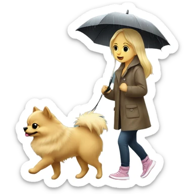 Blonde girl walking little pomeranian under the rain sticker