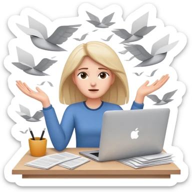 tired woman sitting at a desk with a MacBook, holding her arms out to the side, surrounded by lots of flying papers sticker