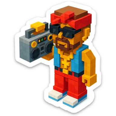 Lego 2Pac holding a boombox, detailed and colorful, retro hip-hop vibe sticker