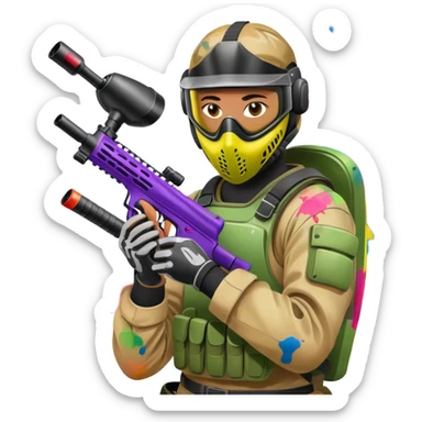 A dynamic scene of a player in action, holding a paintball gun and wearing protective gear. The background shows a vibrant paintball field with obstacles, colorful splatters of paint in the air, and an intense, competitive atmosphere. sticker