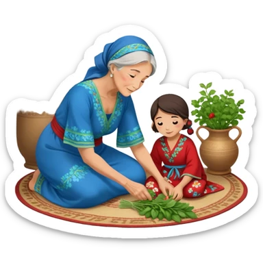 intergenerational moment between a grandmother and her granddaughter, deeply rooted in tradition. The young woman, dressed in a beautiful blue kaftan, sits on the floor carefully picking fresh herbs or greens, while the grandmother, wearing a red headscarf and floral dress, gently guides her. sticker