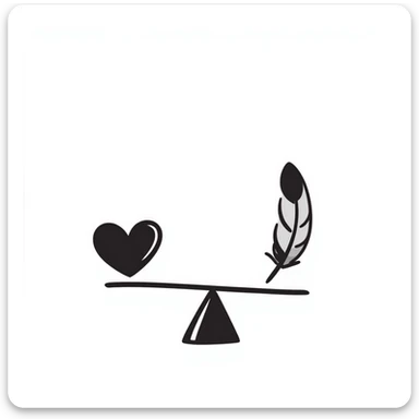 A simple scale balancing a feather and a heart, representing emotional balance and lightness. Hand-drawn doodle style. sticker