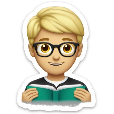 Smart looking blonde haired boy wearing glasses reading a book sticker