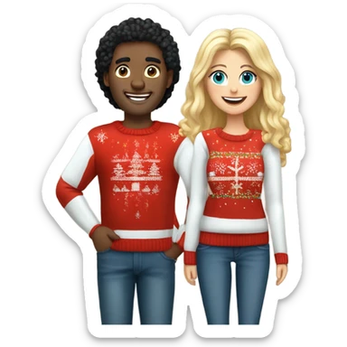 Happy white couple wearing Christmas jumper and blue jeans, man with black hair, woman blonde long hair  sticker