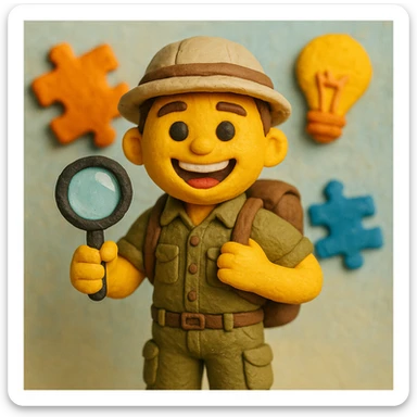 Create a realistic emoji character named Master Hunt. He is a young adult with short brown hair, wearing a casual explorer outfit that includes a button-up shirt and cargo pants. He has a backpack and a safari hat. In one hand, he holds a magnifying glass, and he has an enthusiastic smile on his face. The background should be light and vibrant, incorporating elements like light bulbs and puzzle pieces to symbolize creativity and a positive work culture. sticker