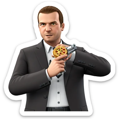 dapper male with handgun and food sticker