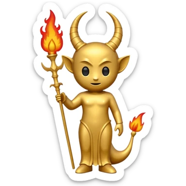 Minimalist emoji-style sticker of a full-body Oscar-like statue in gold color, with subtle devilish elements: small horns on the head, a pointed tail, and fire around the base. Flat design, thick lines, black, gold, and red color palette, silhouette style, centered on white square background. sticker