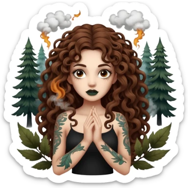 woman with long curly brown hair, brown eyes, white skin, tattoos, forest spirits shaped like smoke animals circling her sticker