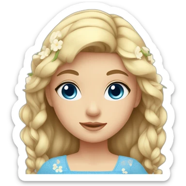 cute girl  with blue dress, blue eyes, and flower sticker