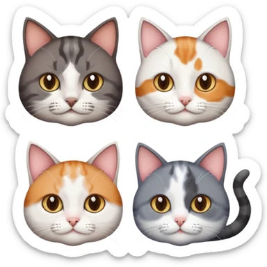 3 different coloured short haired cats including; a dark brown tabby and white cat, and a dark grey and white  sticker