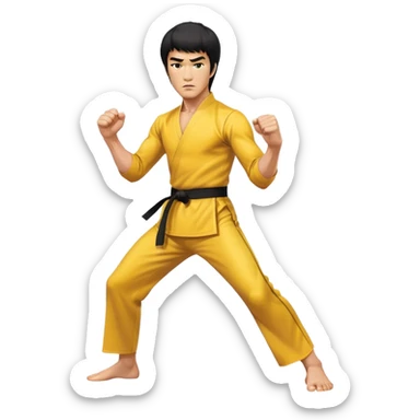 Bruce Lee in yellow jumpsuit, martial arts fighting stance, intense expression sticker