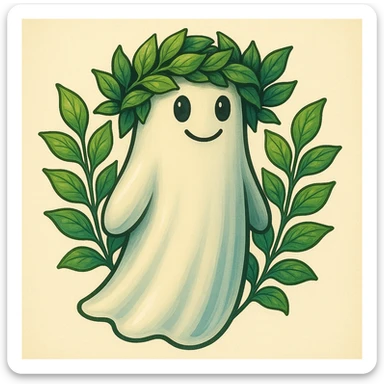 Add a wreath made of green leaves on the ghost's head, matching the illustration style and colors. Keep the ghost and background unchanged, just add a leafy crown. The style should blend naturally with the existing illustration style of the ghost. sticker