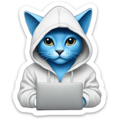 Blue cat in a hoodie hacks system in laptop  sticker