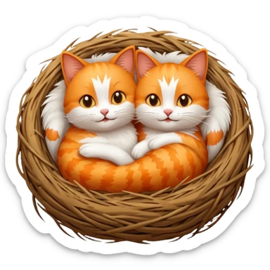 two cheerful cats cuddled together in a bird's nest, emoji style, cute expressions sticker
