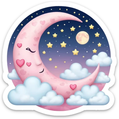 Pink Moon Crescent With Clouds And Hearts sticker