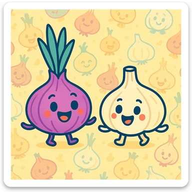 cartoon onion and garlic, animated, repeating background, cheerful, light color palette sticker