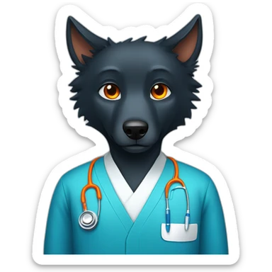 Black wolf with orange eyes wearing a blue doctor scrub sticker