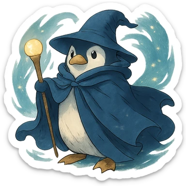 ghibli style penguin wizard with a flowing cloak and magical aura sticker