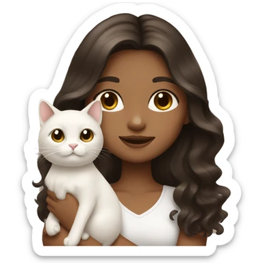 Tan girl with dark brown long wavy hair holding a white cat sticker