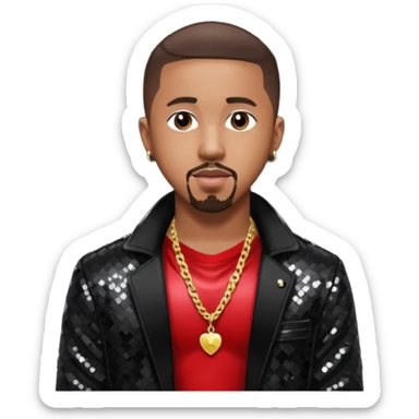 Marques Houston with dark brown hair, black sequin jacket, shirtless with necklace sticker