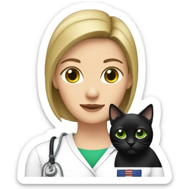 Brunette  vet with a black cat with green eyes sticker