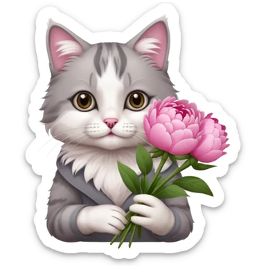 Cute cat Handing pink peonies like reaching a hand and handing them out a bouquet of them not a physical hand the cats hand  make the cat fluffy and grey and white fluffier make the cat wear a pink coquette sticker