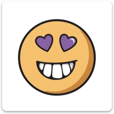 hand-drawn brown emoji face with purple heart eyes, smiling with a front tooth gap and a gold tooth on the side sticker